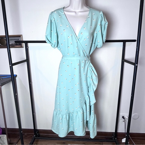 Lauren Conrad Boho Preppy Ditsy Floral Midi Ruffle Wrap Dress - Picture 2 of 16